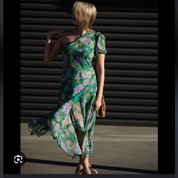 astr the label santorini green floral puff sleeeve one shoulder midi dress small - Picture 2 of 3